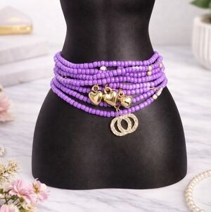 Purple Beaded Belly Chain | Gold Charm Waist Beads | Multi-Layer Body Jewelry |